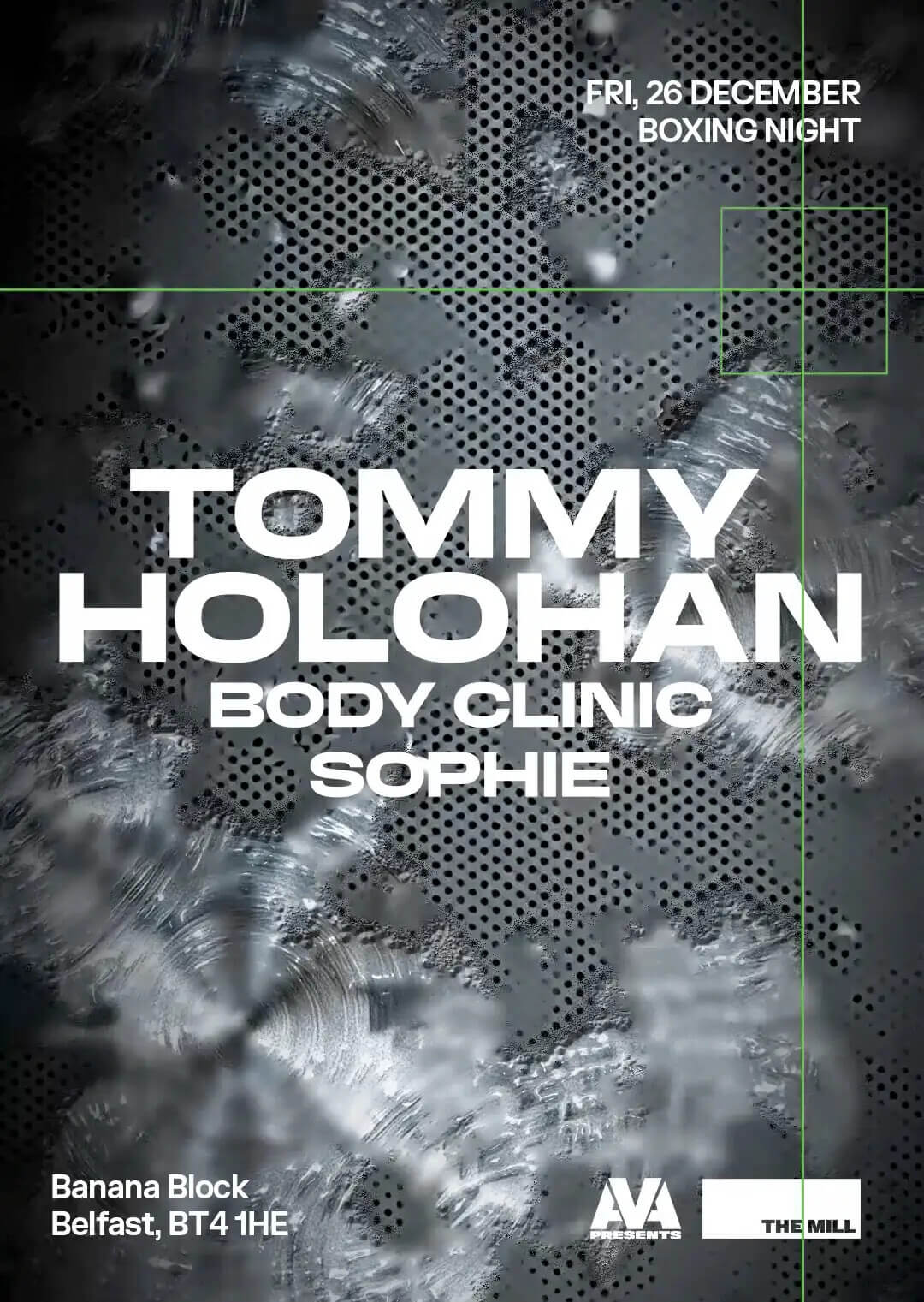 AVA Presents at The Mill Boxing Night poster featuring Tommy Holohan, Body Clinic, and Sophie at Banana Block Belfast.