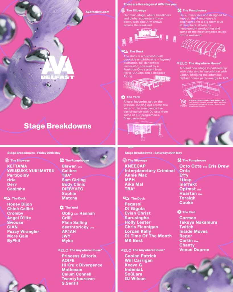 Poster image of AVA Belfast 2026 with five stages announced and lineup preview.