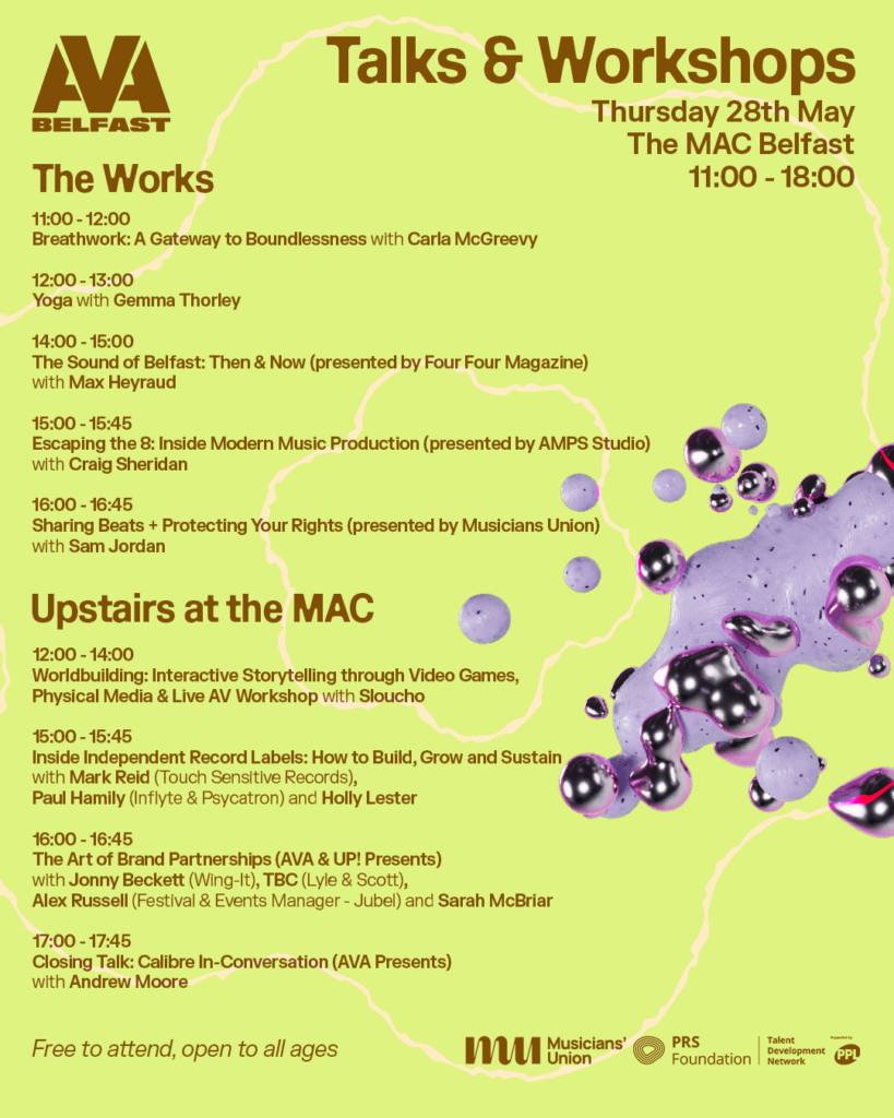 AVA Belfast 2026 Talks and Workshops programme at The MAC Belfast on Thursday 28 May, featuring music industry panels, workshops and artist conversations.