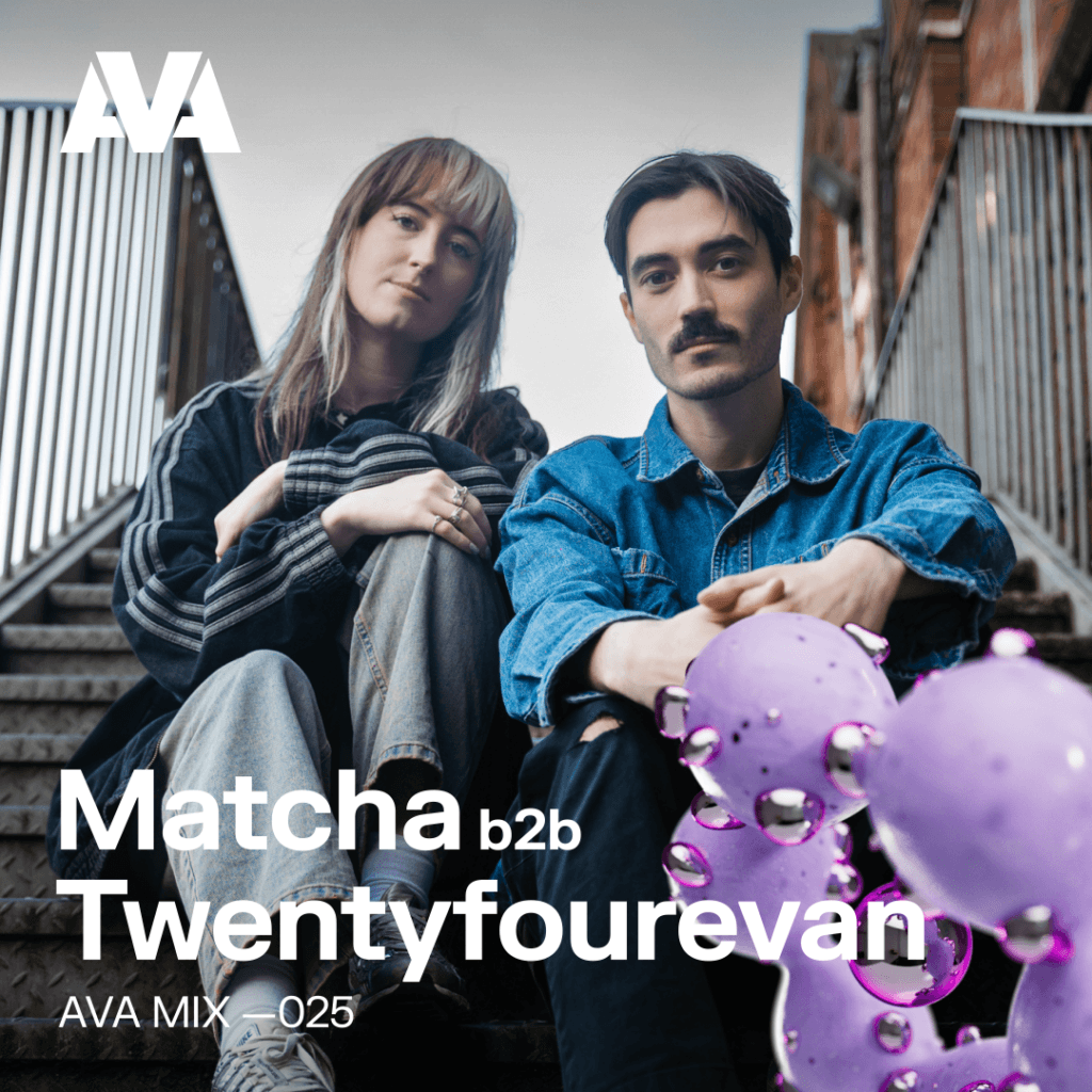 Image of Matcha and Twentyfourevan doing a b2b for AVA Mix 025. Sitting on stairs, with AVA idents on image.