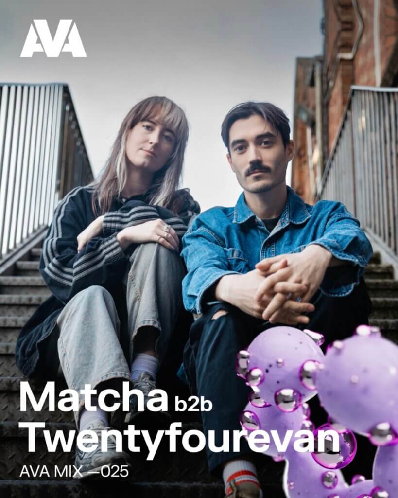 Image of Matcha and Twentyfourevan doing a b2b for AVA Mix 025. Sitting on stairs, with AVA idents on image.