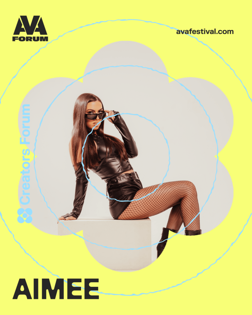 Artist card for AIMEE from Creators Forum Belfast Edition 2026, with a yellow background and AVA branding.