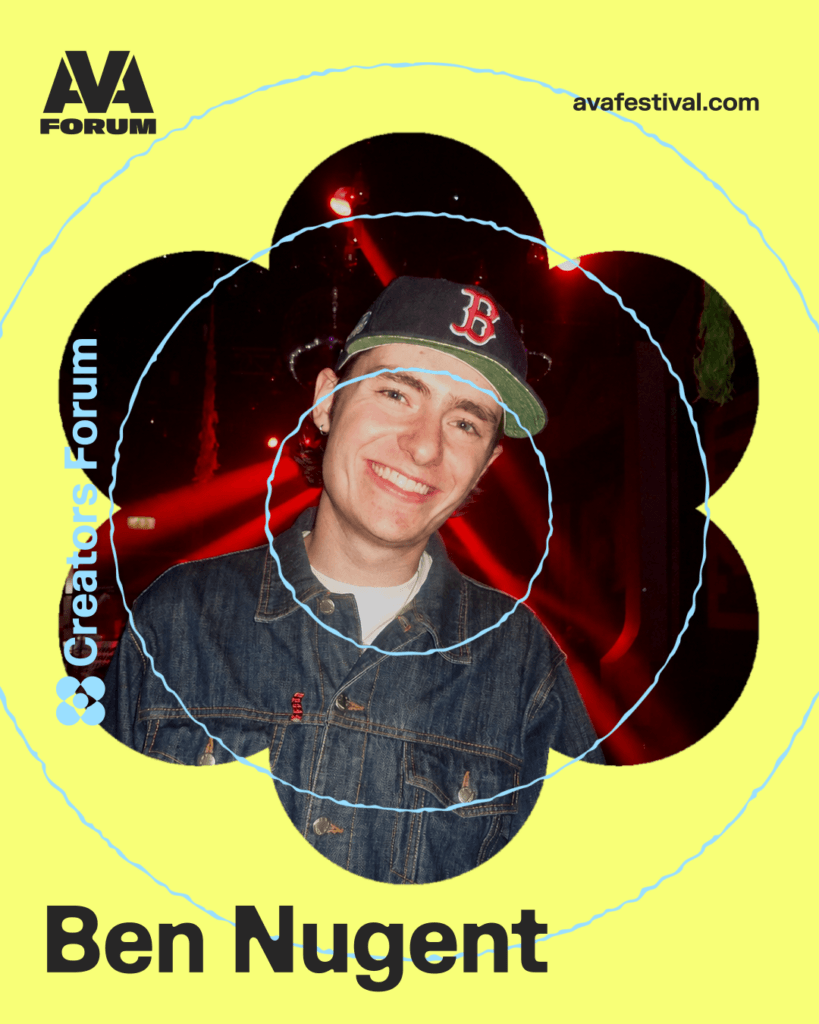 Artist card for Ben Nugent from Creators Forum Belfast Edition 2026, with a yellow background and AVA branding.