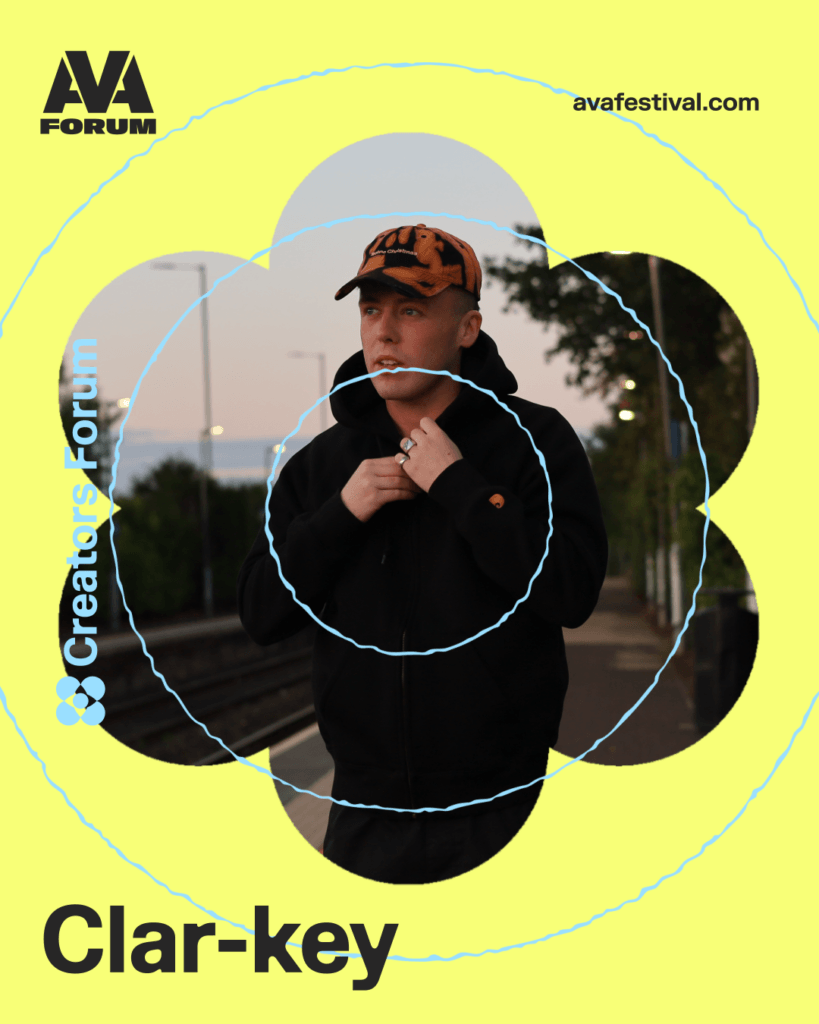 Artist card for Clar-key from Creators Forum Belfast Edition 2026, with a yellow background and AVA branding.