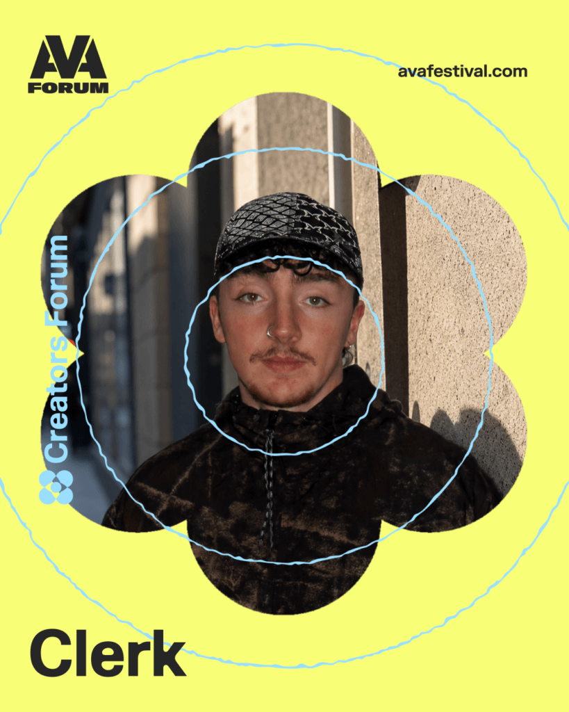 Artist card for Clerk from Creators Forum Belfast Edition 2026, with a yellow background and AVA branding.