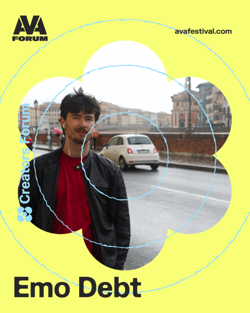 Artist card for Emo Debt from Creators Forum Belfast Edition 2026, with a yellow background and AVA branding.
