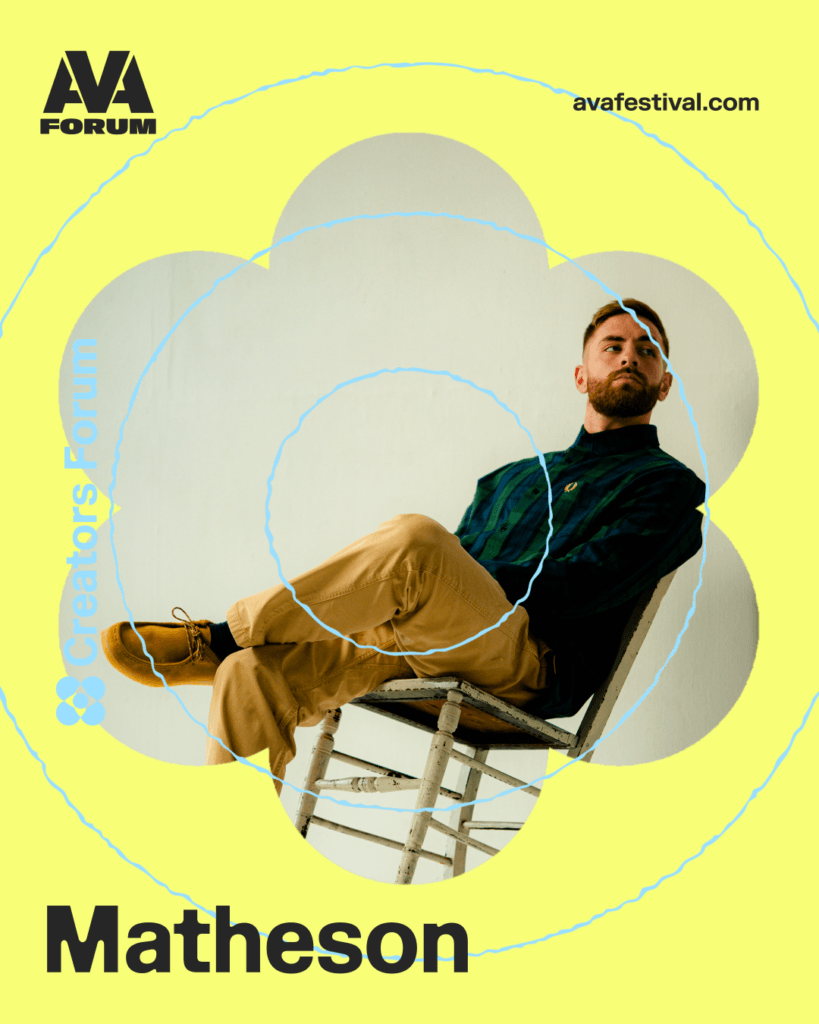 Artist card for Matheson from Creators Forum Belfast Edition 2026, with a yellow background and AVA branding.