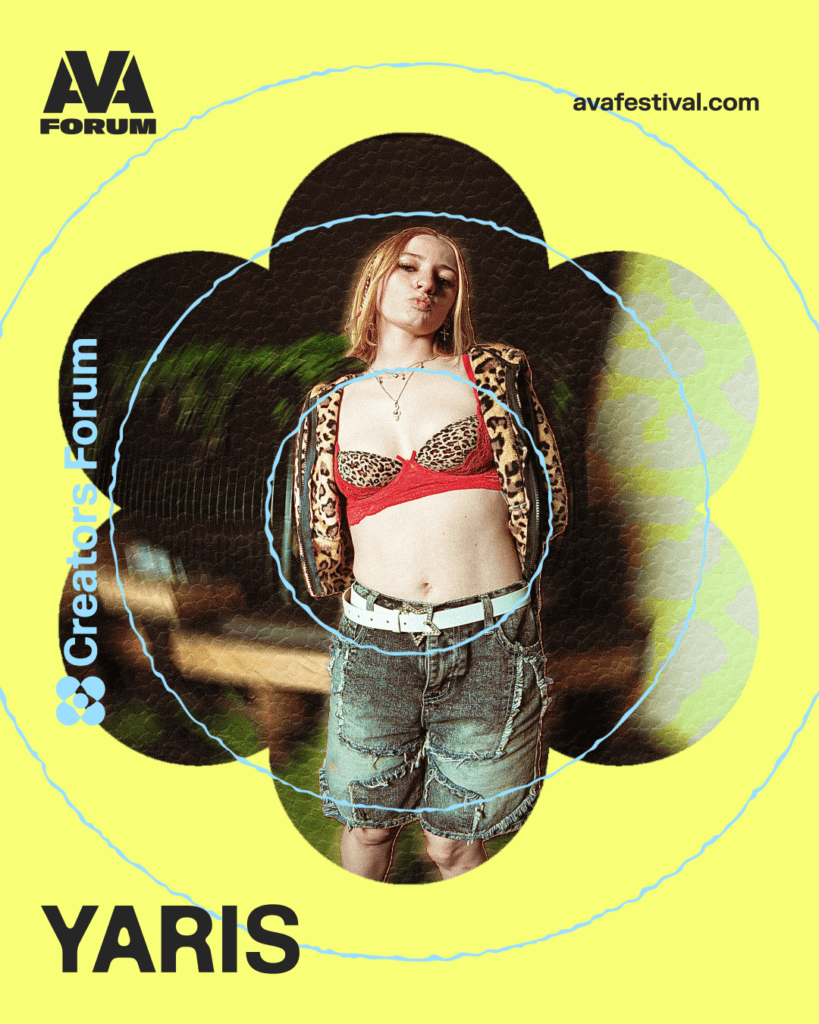 Artist card for YARIS from Creators Forum Belfast Edition 2026, with a yellow background and AVA branding.