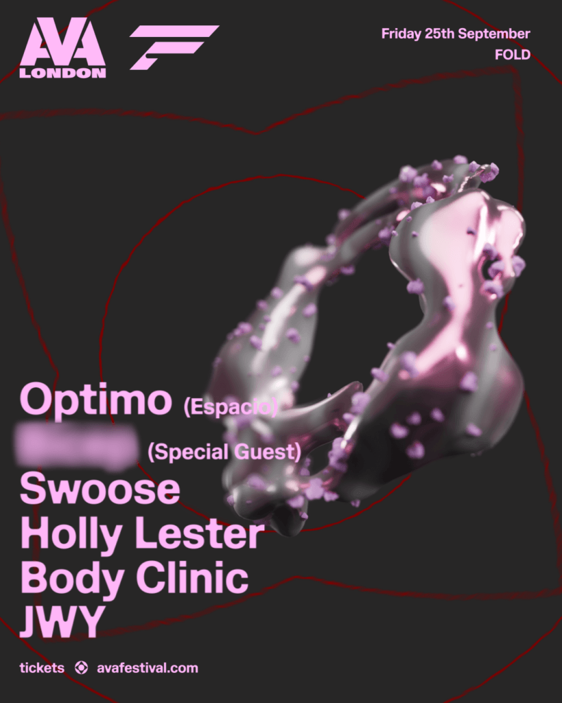 AVA London 2026 club night poster at FOLD, London. Featuring Optimo, a special guest, swoose, and many more with AVA pink idents.